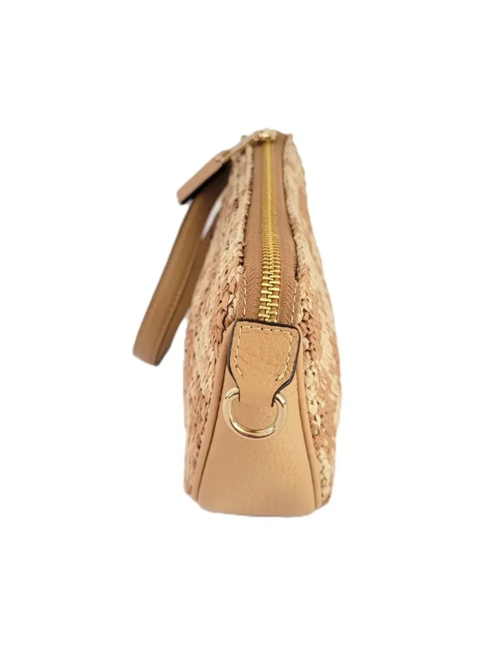 Coach CEN00 Nolita 19 Gingham Print Straw Small Handbag Clutch Wristlet Gold Tan